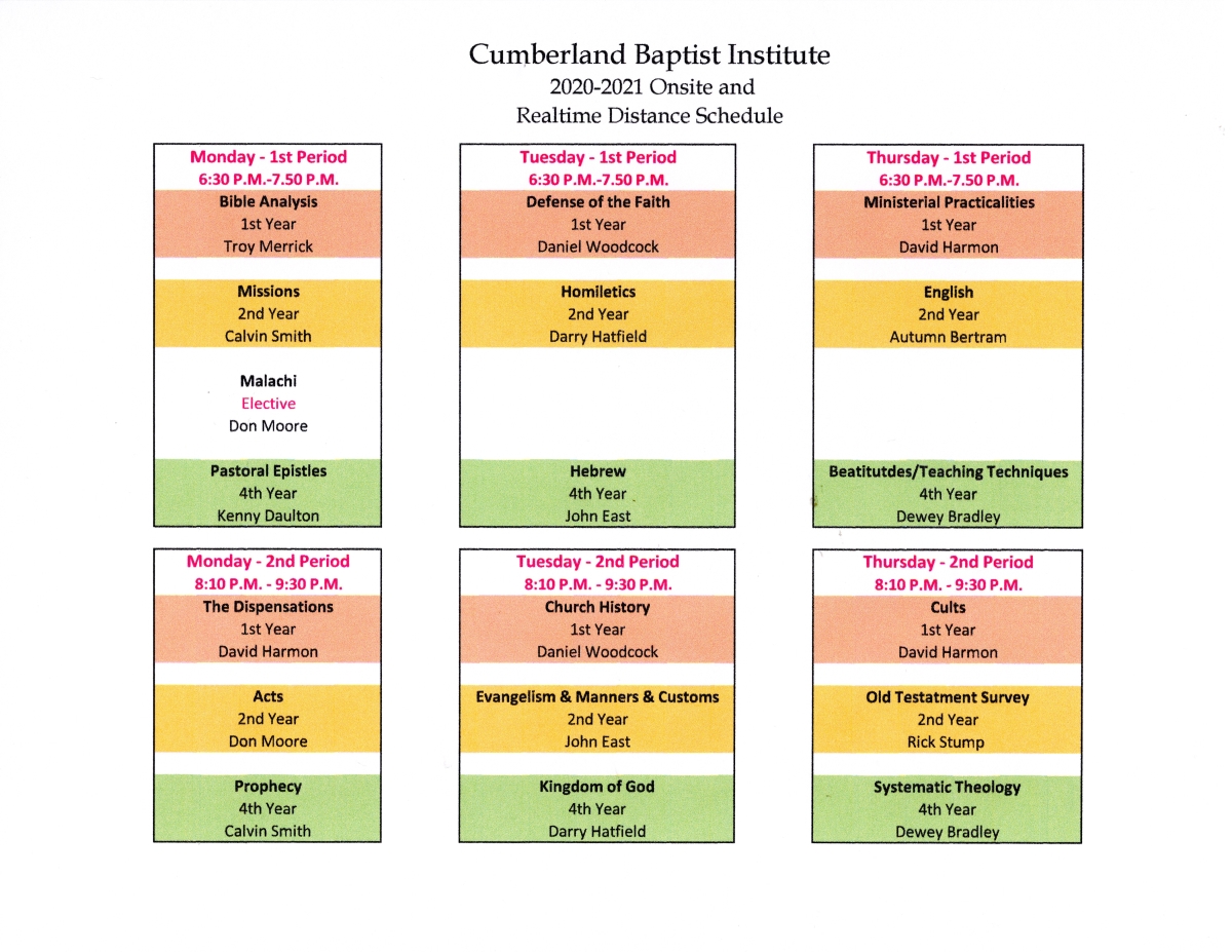 Class Schedule – Cumberland Baptist Institute